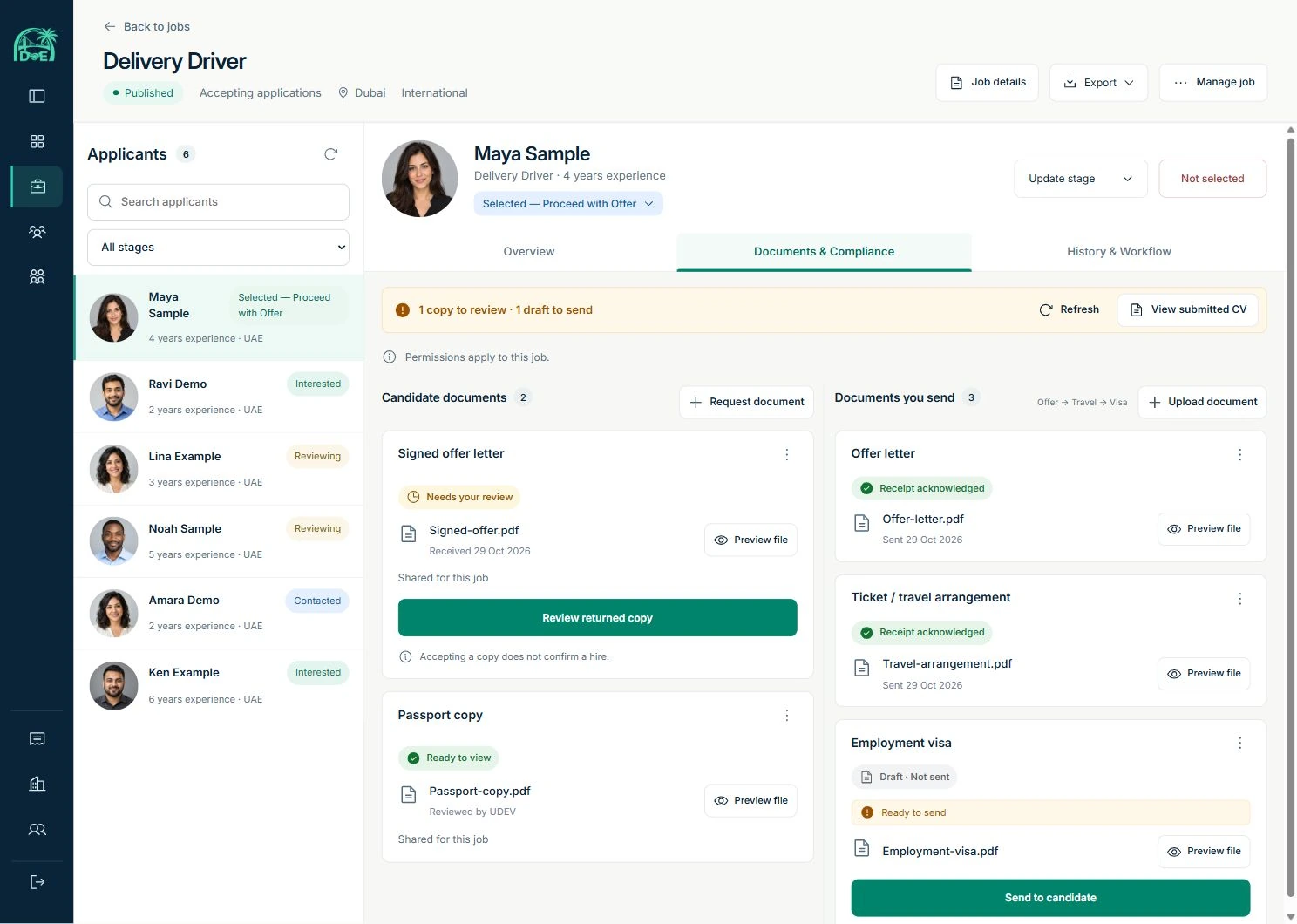 Documents and Compliance with review status, direct file previews, employer drafts and document actions